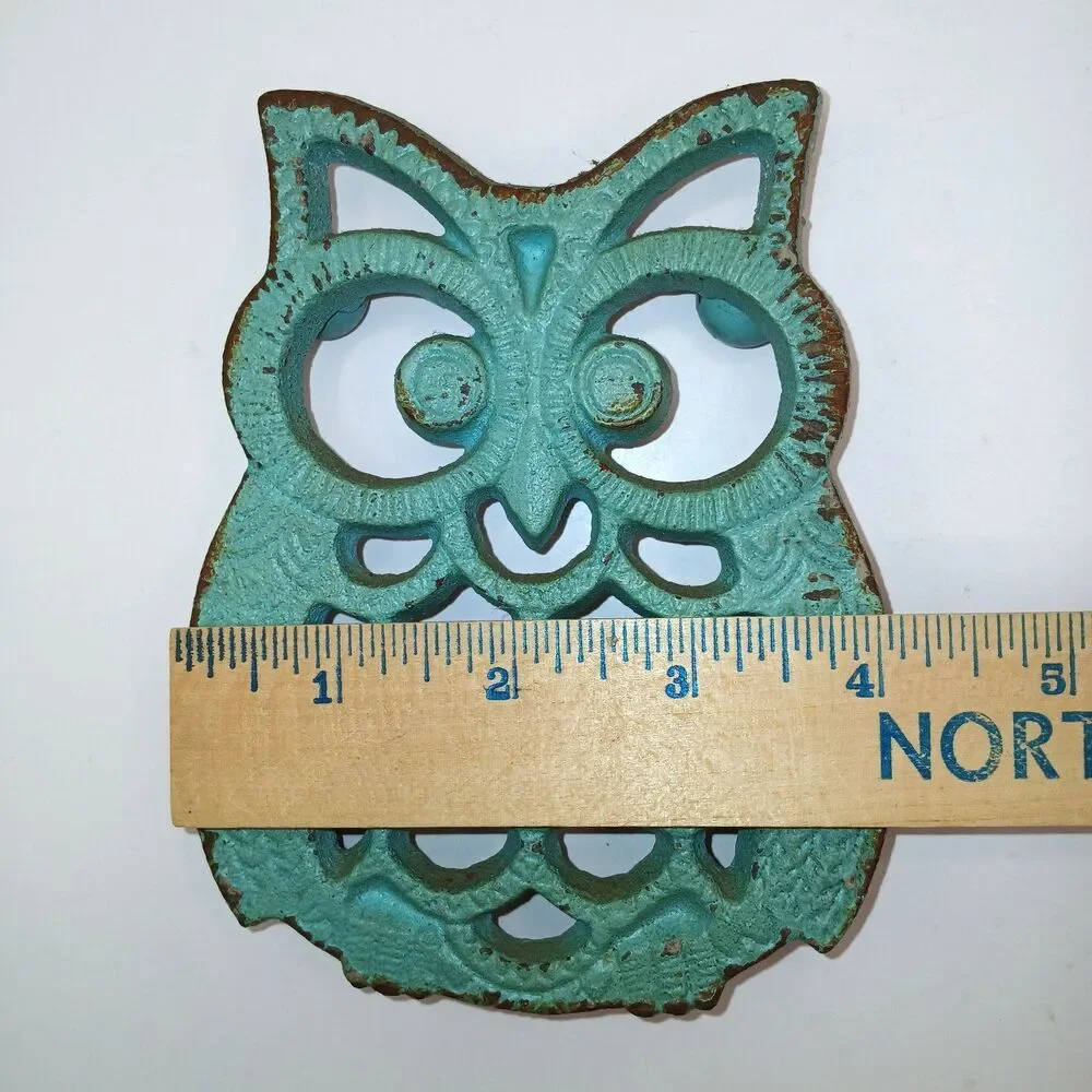 Cast Iron Owl Trivet Turquoise Aqua Blue Rustic Farmhouse 5 1/4